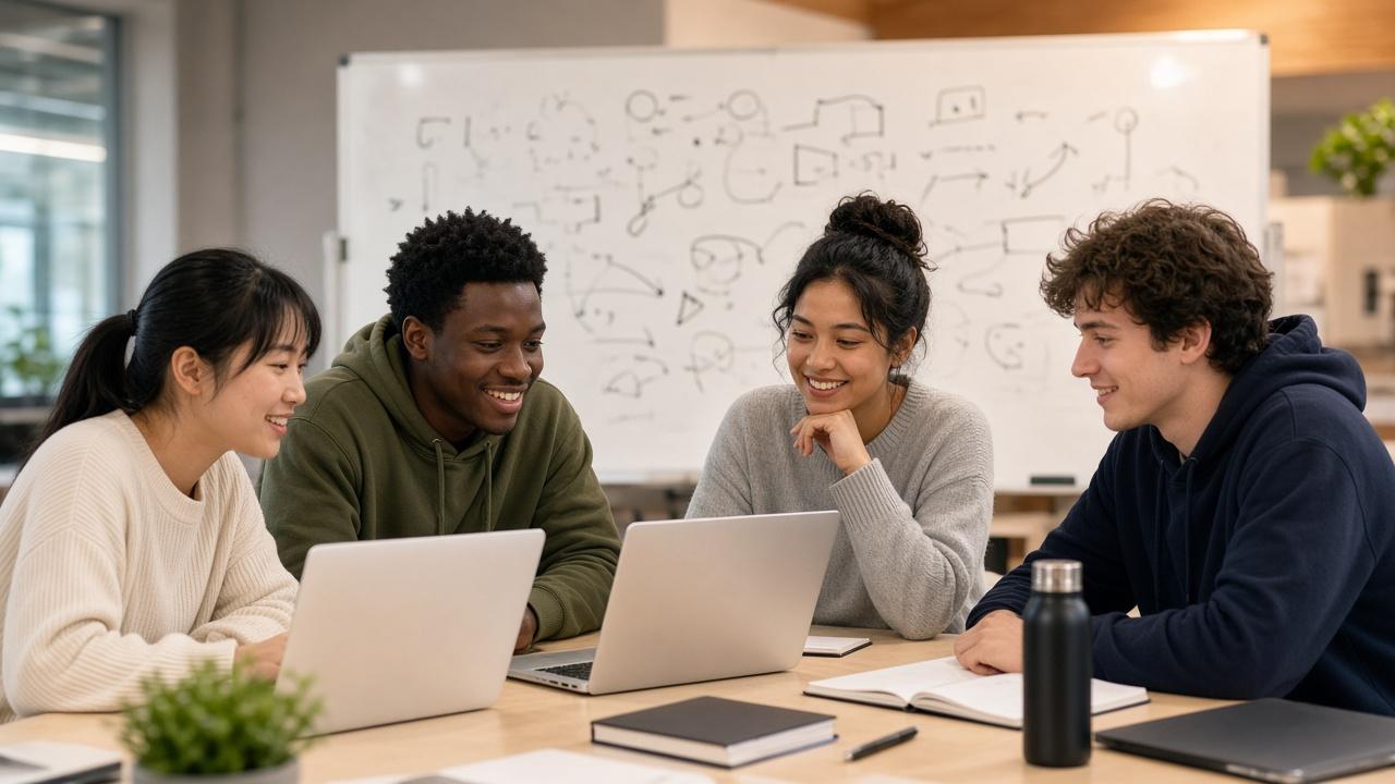 College students collaborating with laptops in a bright classroom, planning AI career paths together.