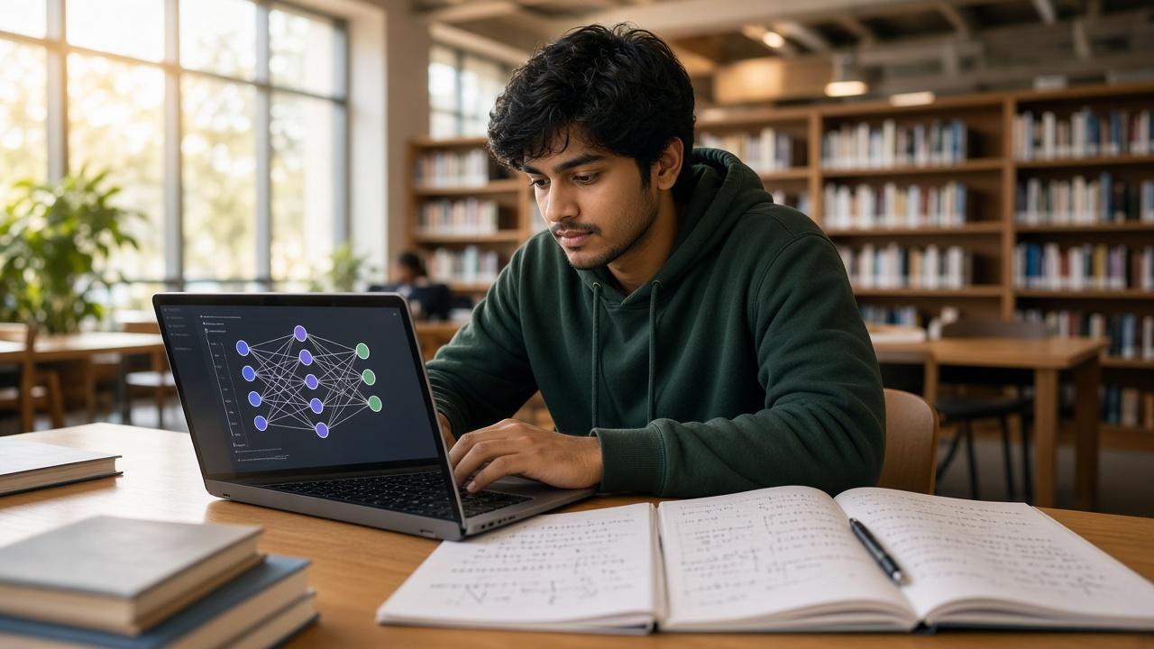 Indian engineering student in a library working on machine learning notes and a laptop with a neural network diagram on screen.