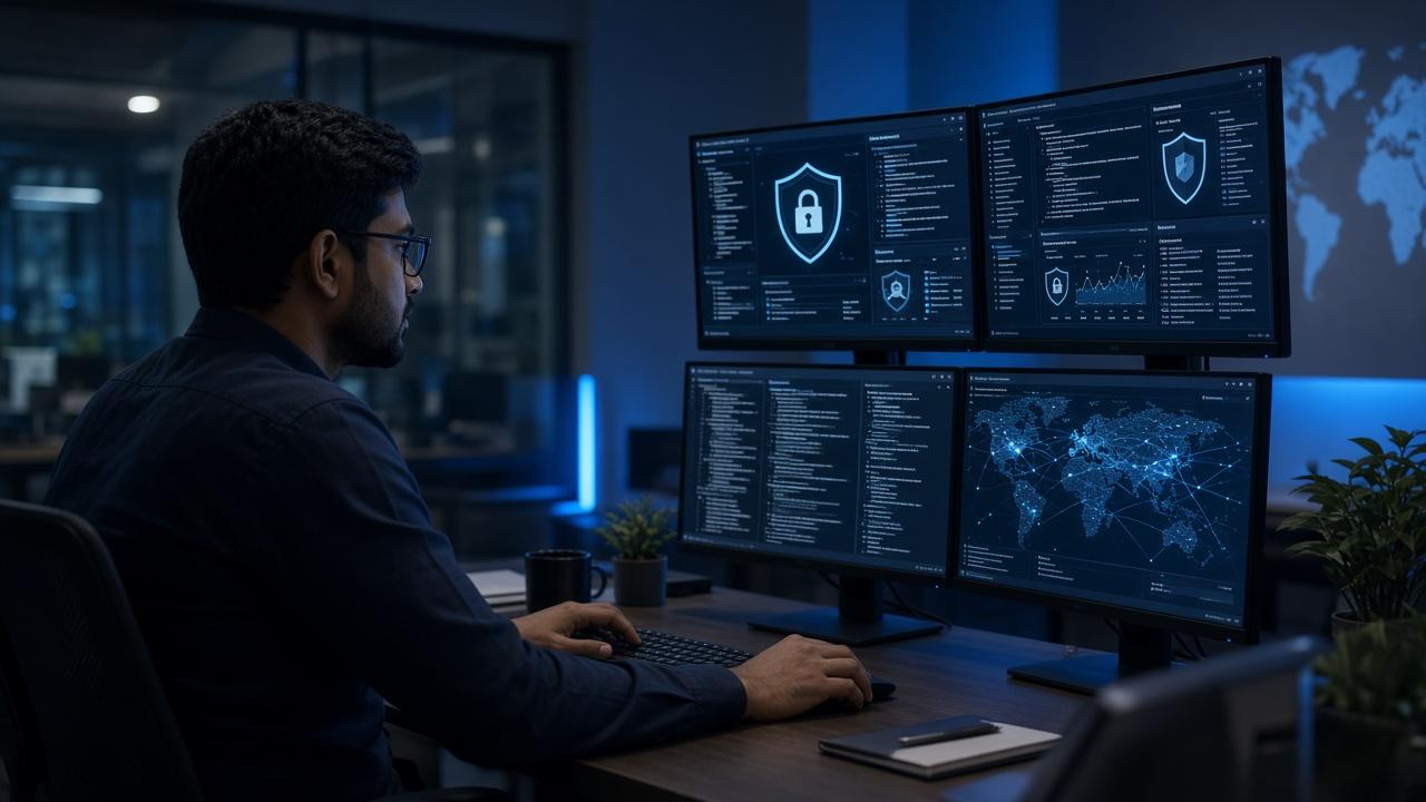 Security professional monitoring AI systems on multiple screens in a modern office, representing AI security and MLSec careers.