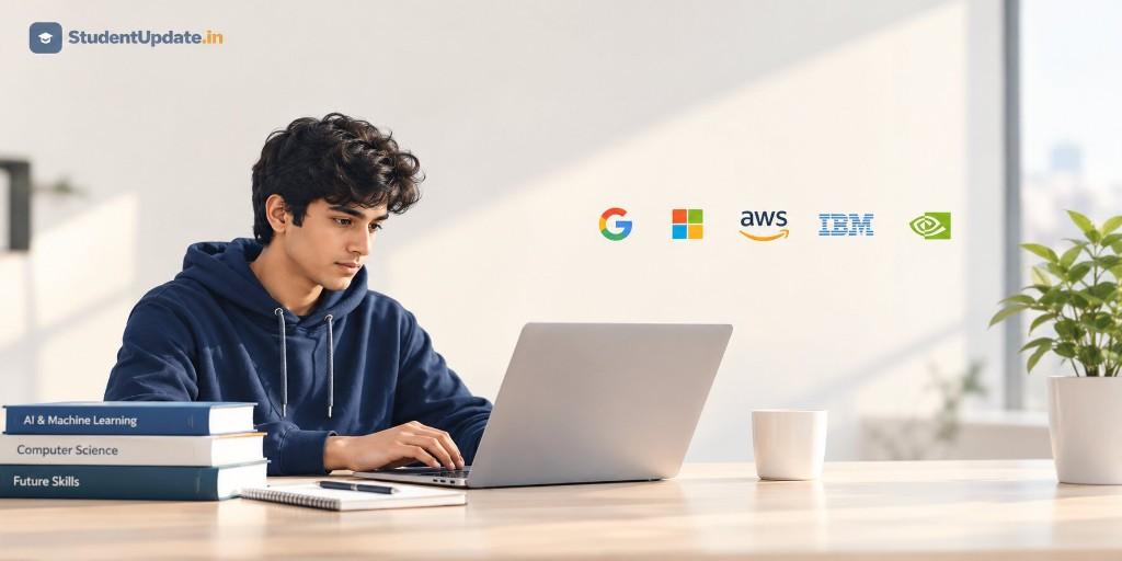 College student studying on a laptop with AI and Machine Learning textbooks, representing Google, Microsoft, AWS, IBM and NVIDIA AI certifications for students.