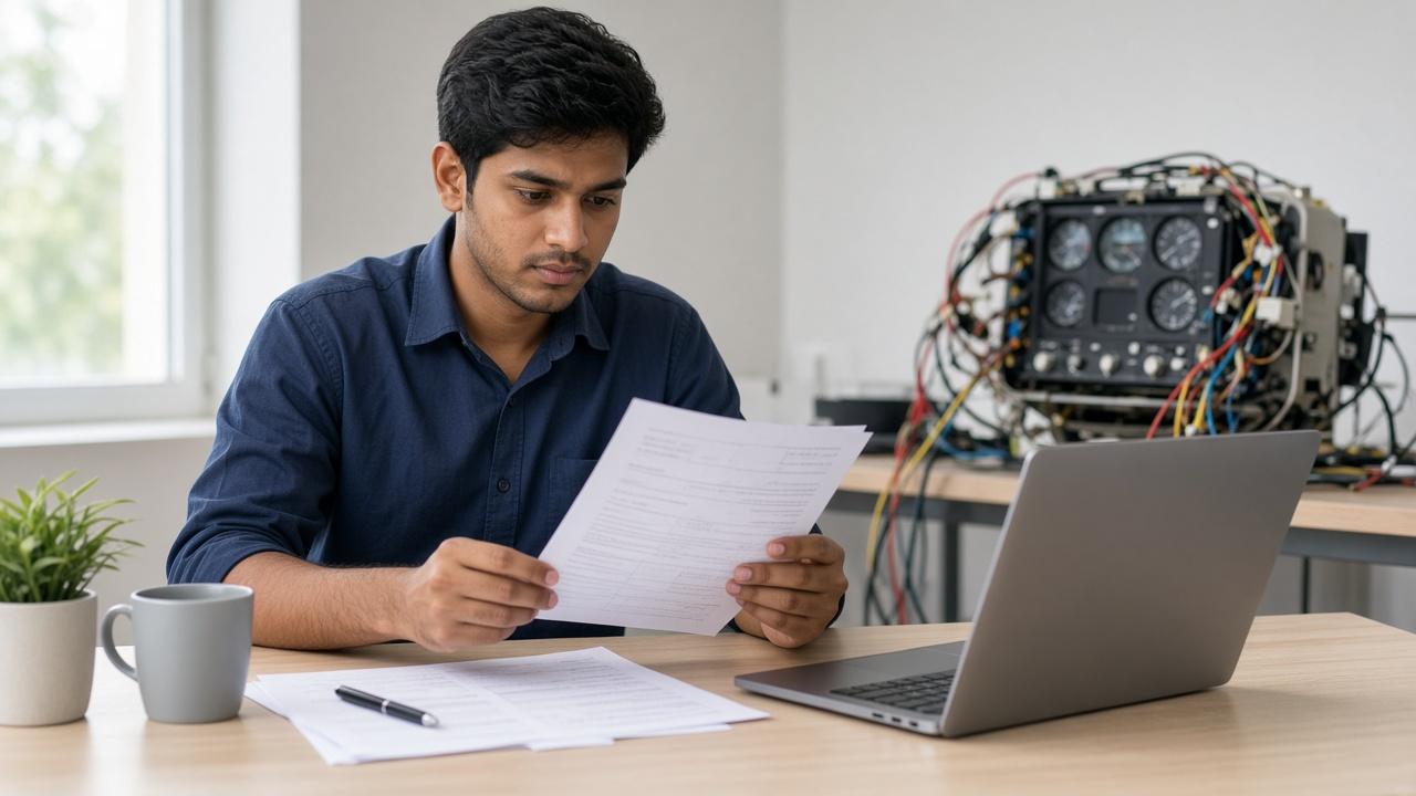 Avionics engineer reviewing verification notes on a laptop before a DO-178 software interview.