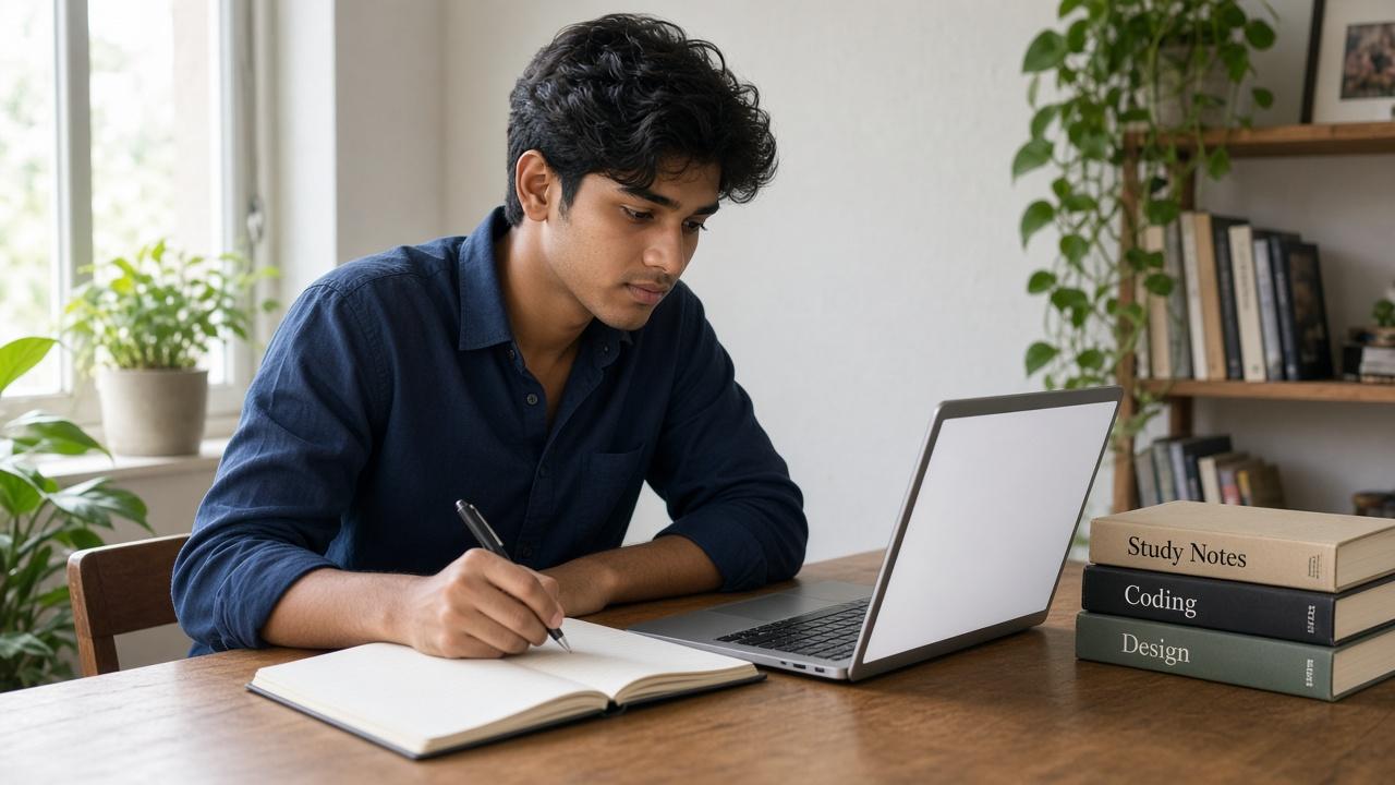 College student at a desk with a laptop and books on study notes, coding and design, preparing to use free AI tools for coursework.