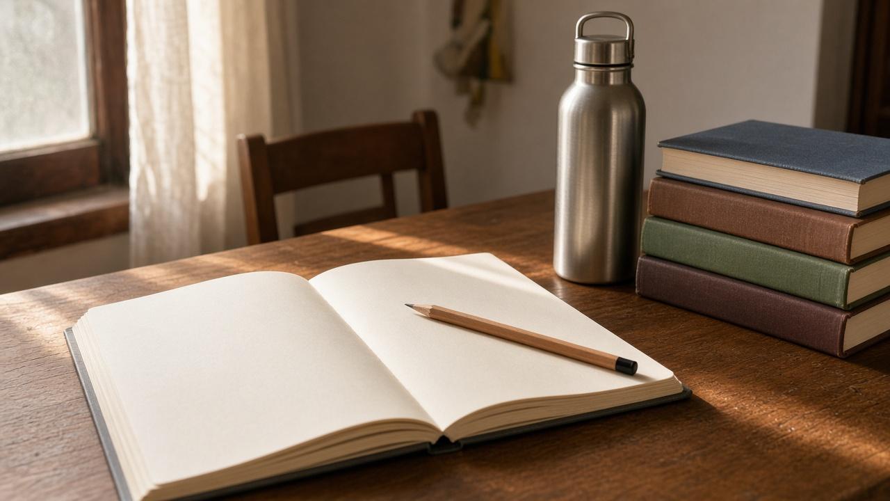 A notebook, pencil and closed textbooks on a wooden desk, for BPSC TRE 4.0 practice.