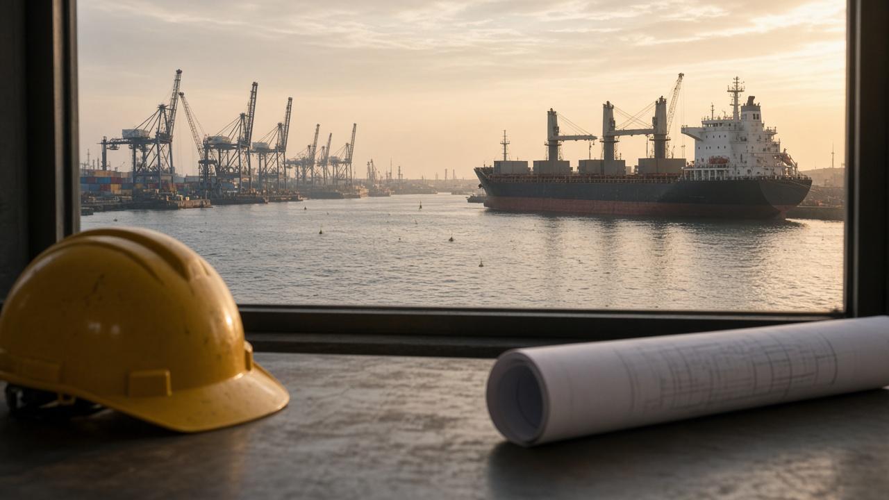 A harbour office window looking onto a cargo ship and cranes, for the GPSC preliminary syllabus.
