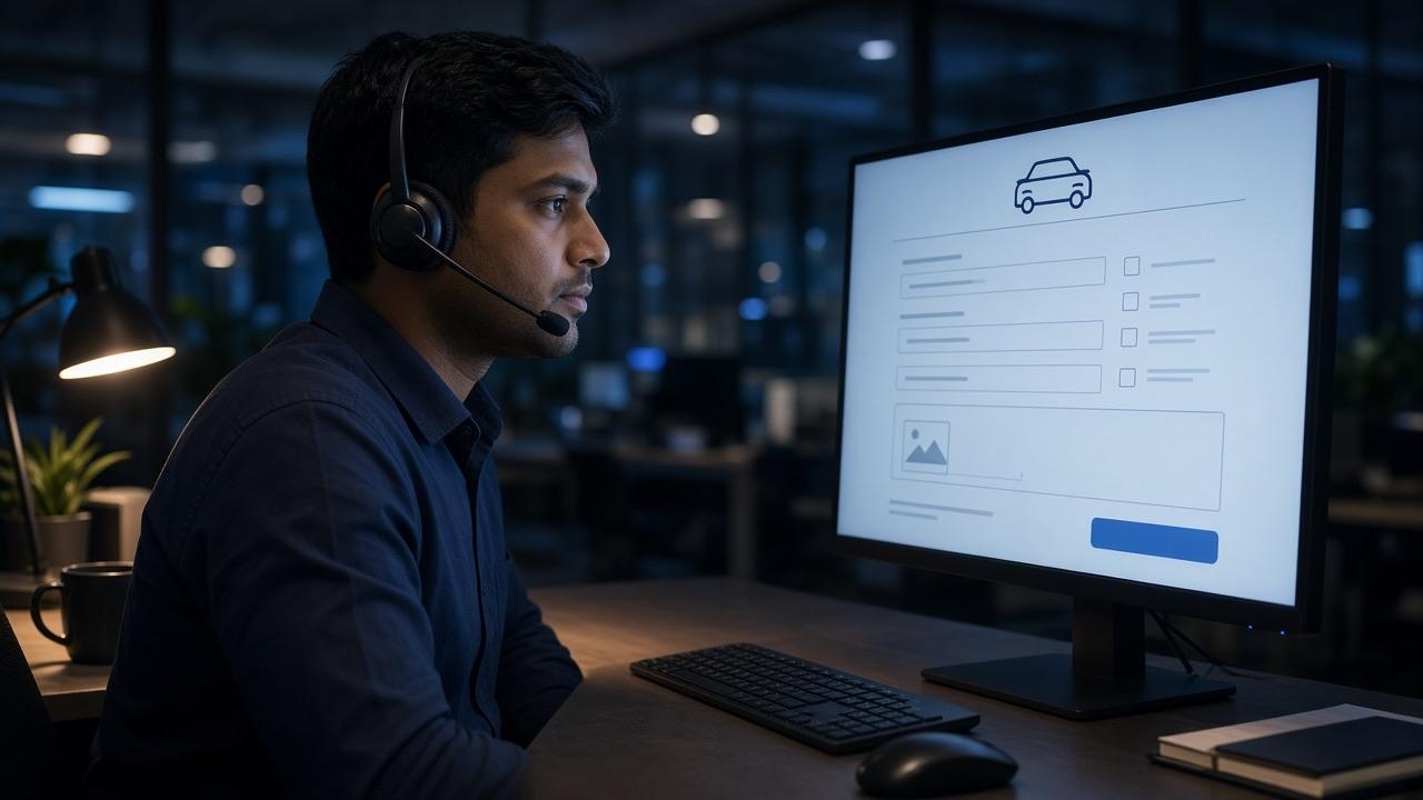 An experienced call centre agent with a headset reviewing an insurance claim form on a monitor at night.
