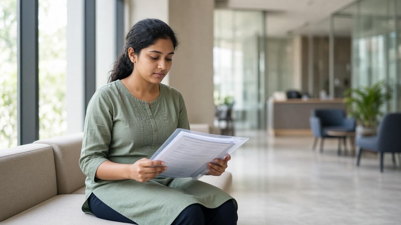 A young woman in a kurta checking a folder of certificates while waiting in an office lobby.