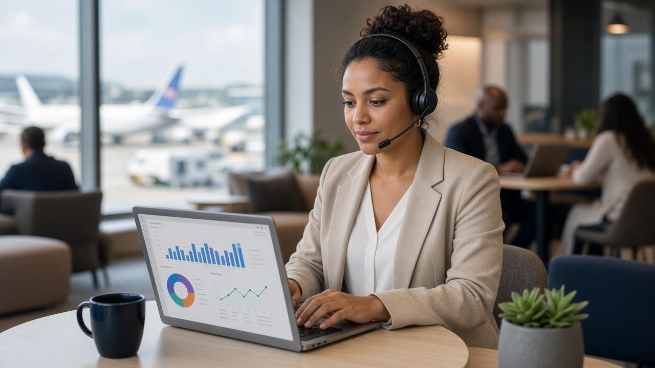 Technical professional working on a laptop with a data dashboard while travelling, representing a forward deployed engineer role.