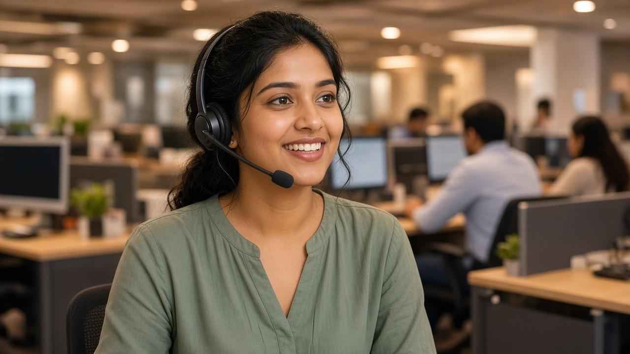 A young woman with a headset smiling while speaking on a customer call in a busy Noida office.