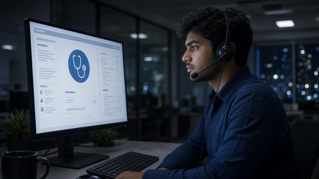 A young graduate with a headset checking a medical insurance claim on a screen during a night shift.