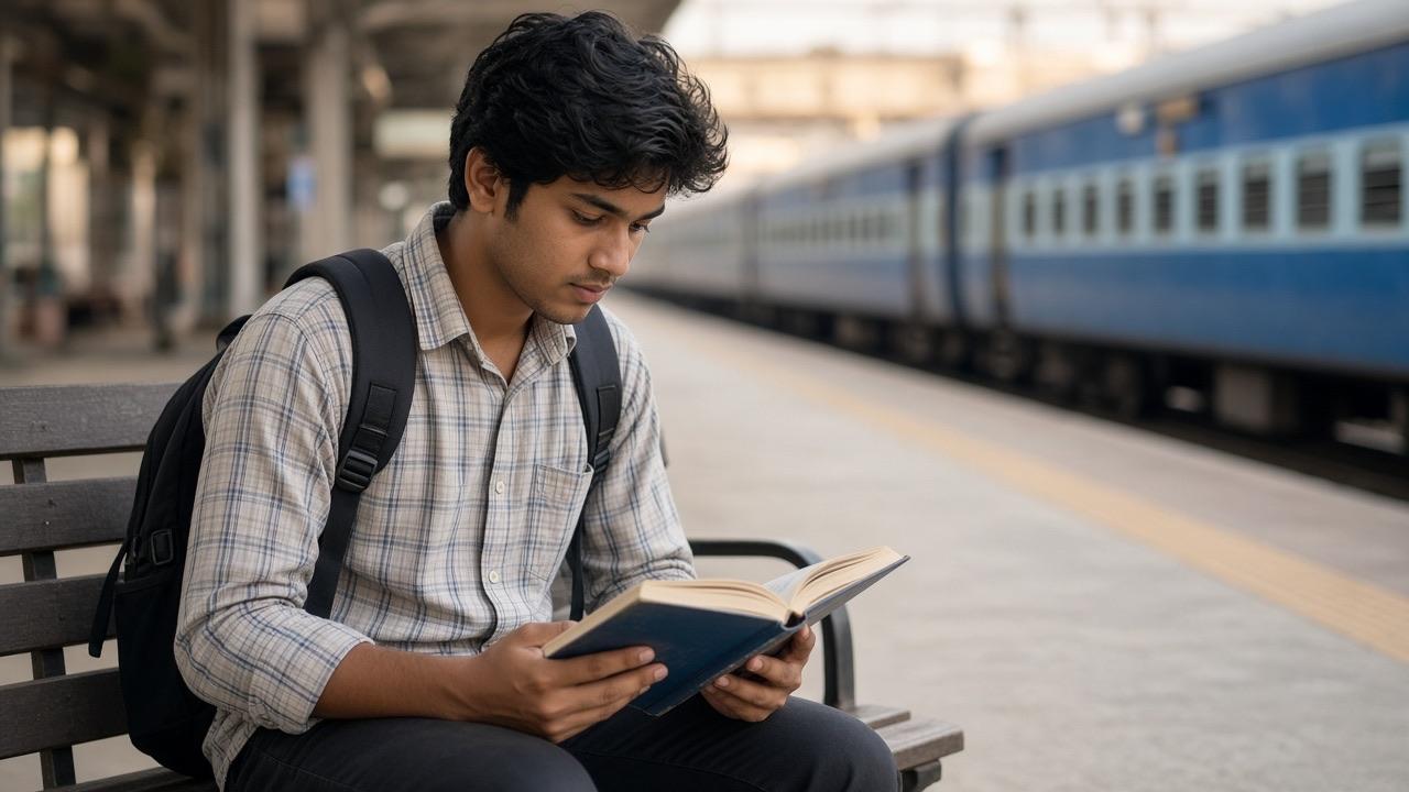 Railway job aspirant studying an exam guide on a station platform bench with a blue train behind him.