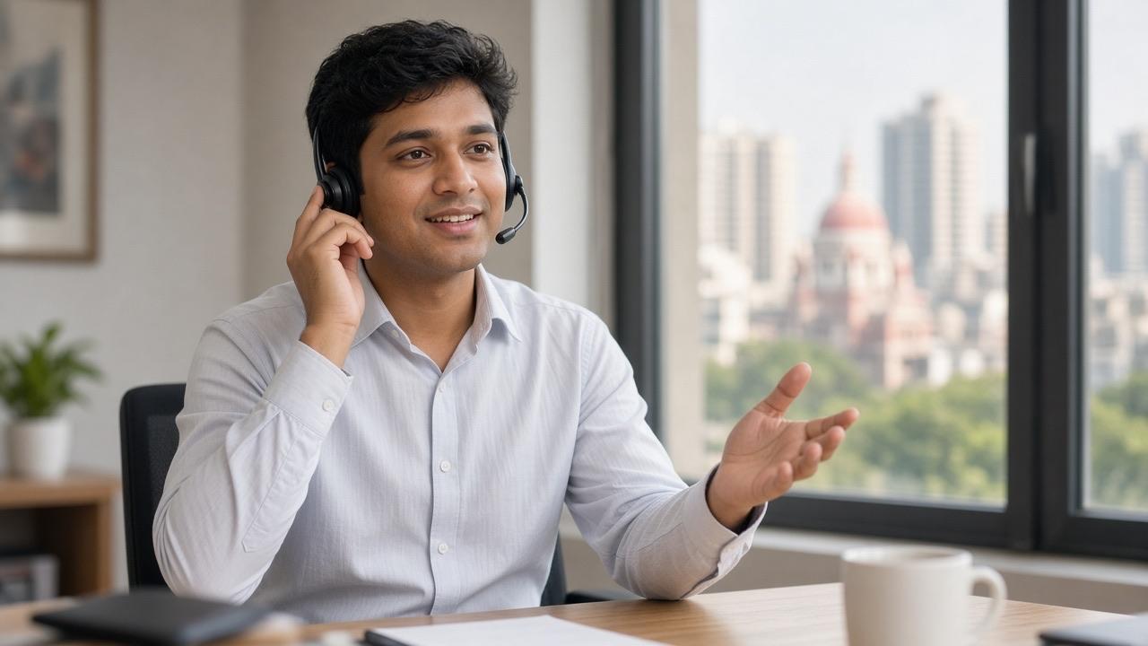 A young man in a formal shirt explaining a product on a phone call at a desk in a Kolkata office.