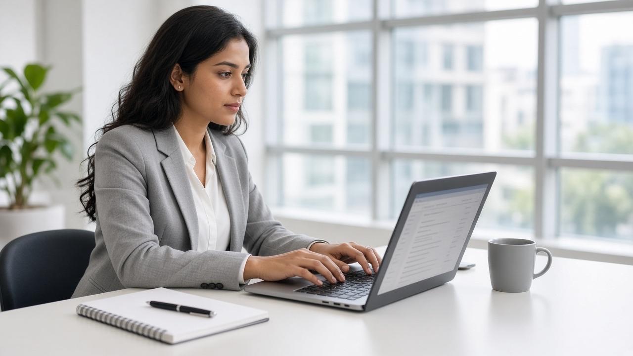 A young professional typing a customer reply email at a desk in a bright Thane office.