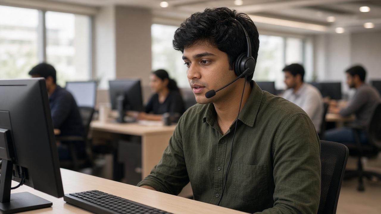 A young man with a headset reading a passage aloud at a computer during a voice assessment.