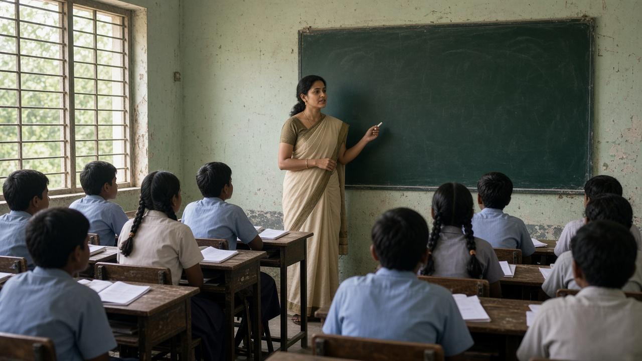 A teacher in a cream sari teaching schoolchildren in a sunlit classroom, for the BPSC TRE 4.0 syllabus.