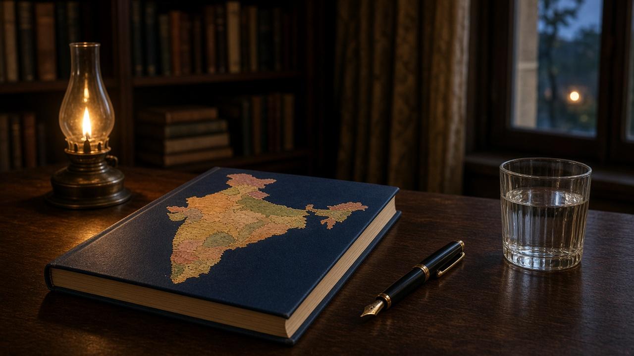 A library table with a closed map, a fountain pen and a glass of water, for GPSC preliminary practice.
