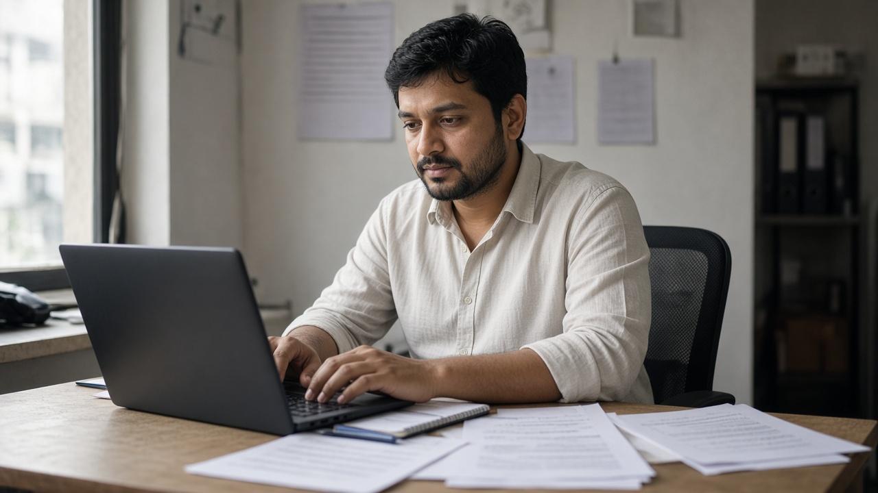 A bilingual editor at a desk, for the IBPS Hindi Officer exam pattern.