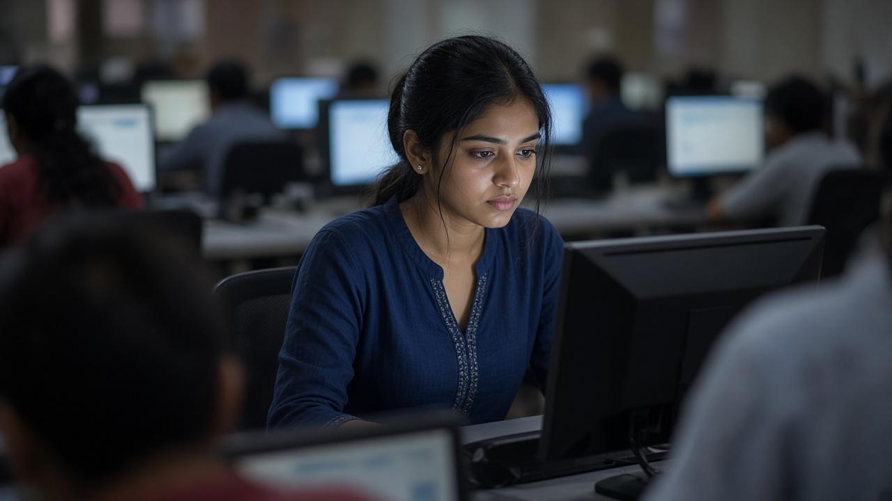 A candidate taking a computer-based exam in a quiet hall.