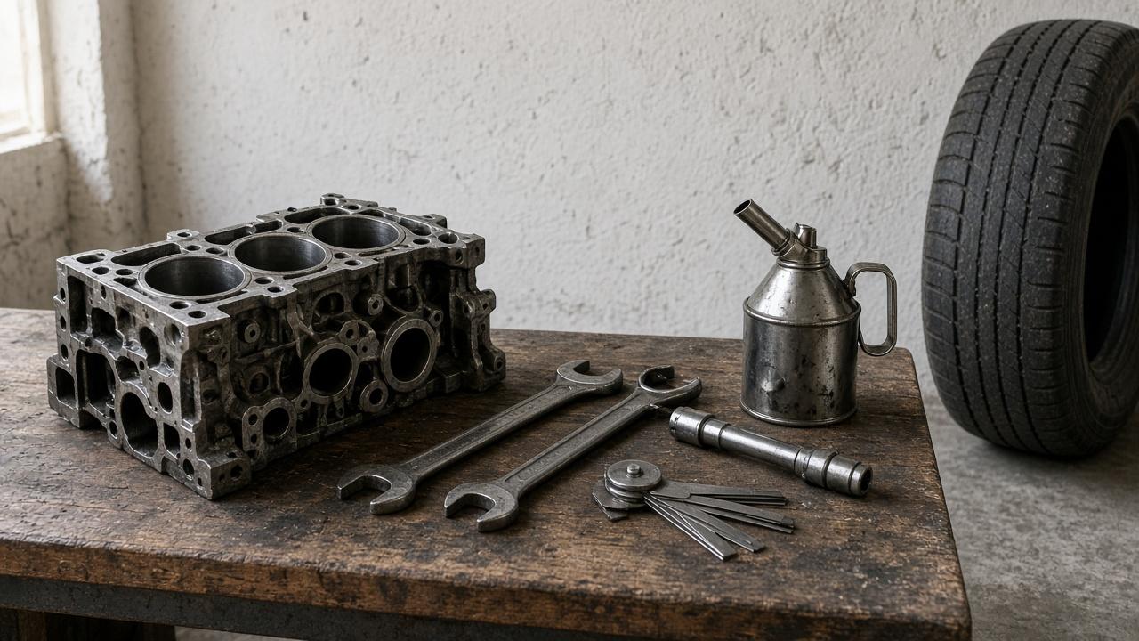 Workshop tools and an engine block on a bench, for ITBP motor mechanic practice.