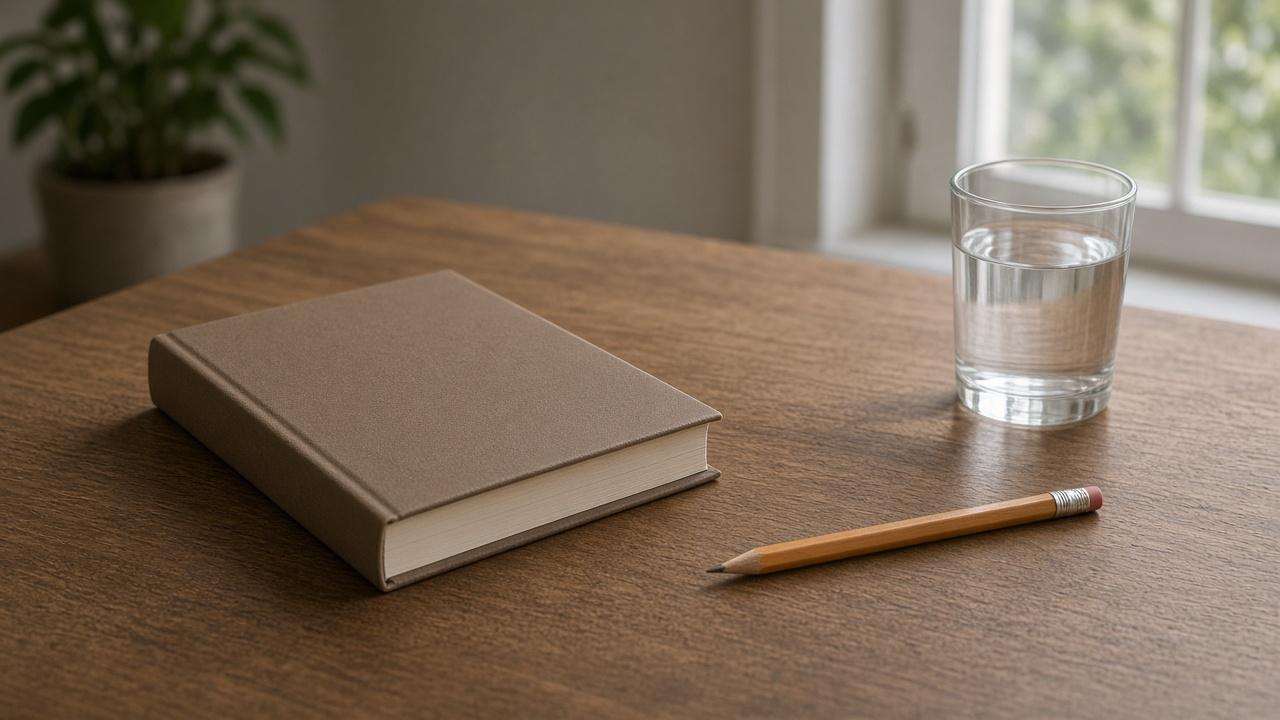 A closed book, a pencil and a glass of water on a wooden table, for ITBP counsellor practice.
