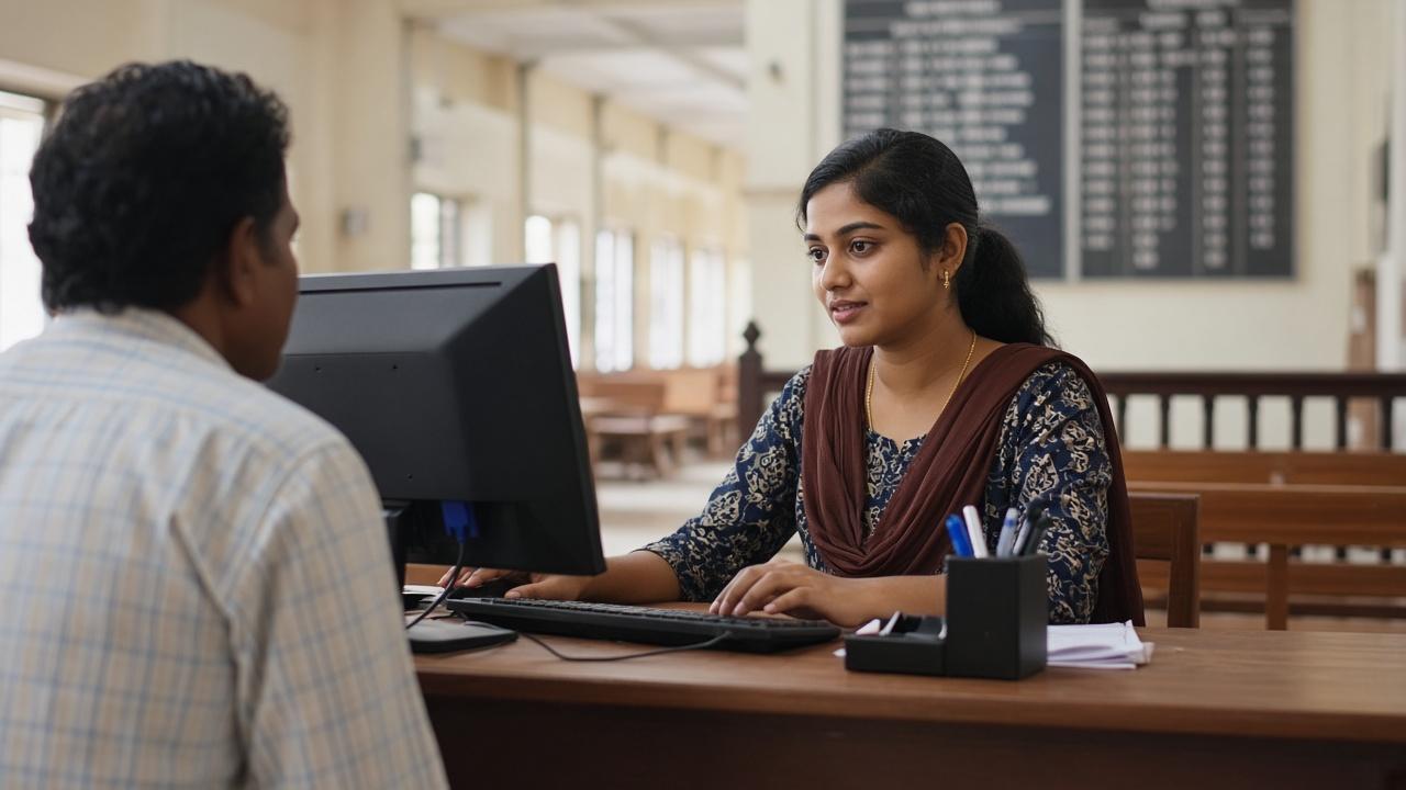 Court help desk with a desktop computer, for the Madras High Court data entry operator syllabus.