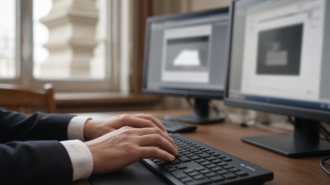 Hands on a keyboard during a computer skill test in a court office.