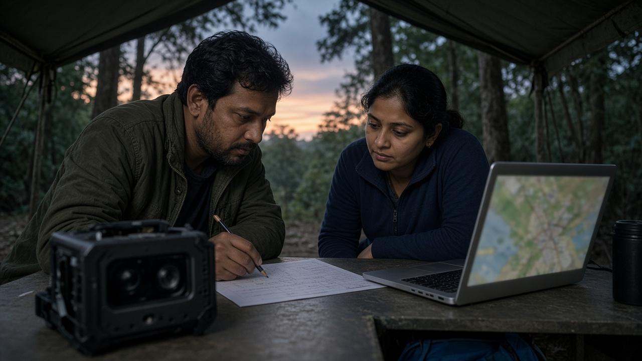 Two field researchers reviewing notes beside a camera trap at a forest camp.
