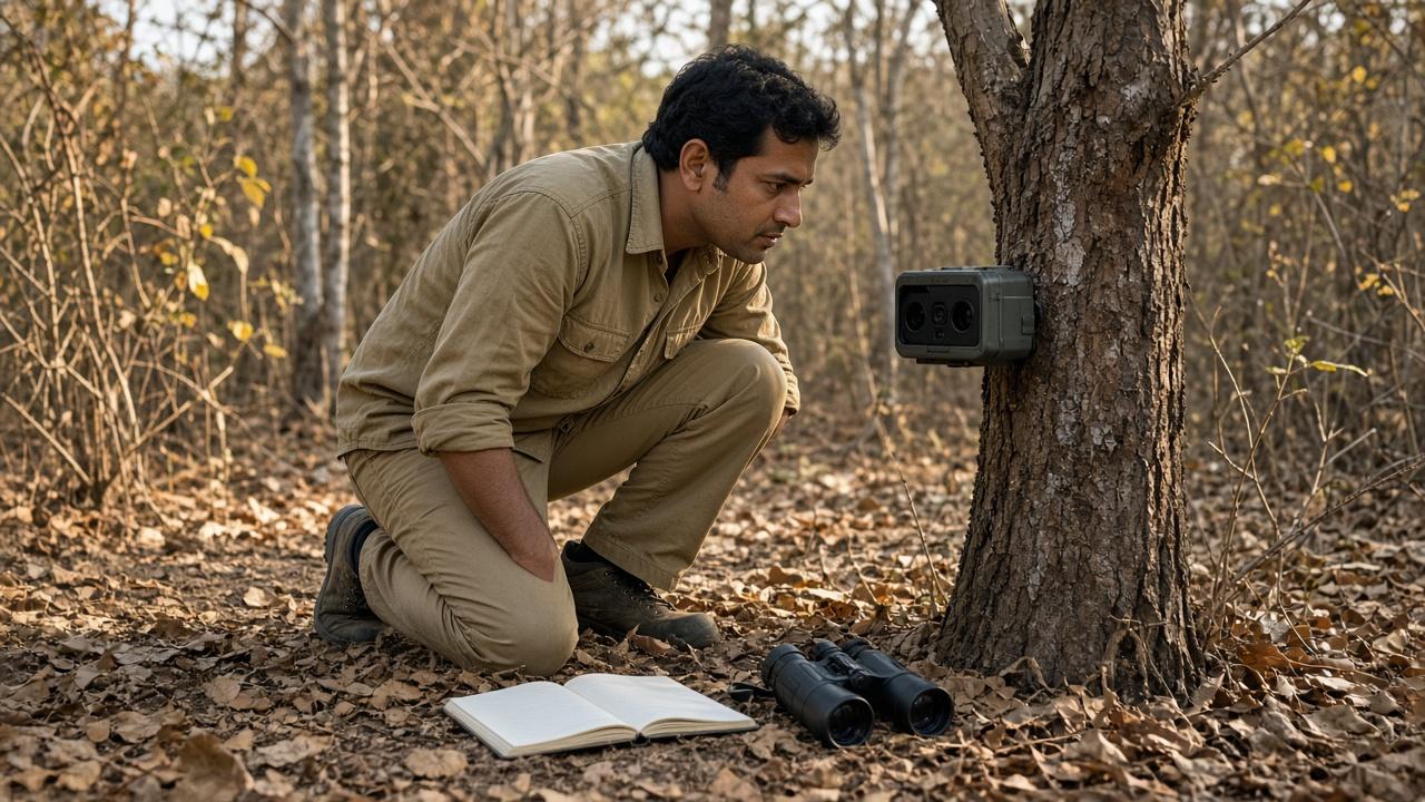 A researcher beside a camera trap in dry forest, for the WII project recruitment screening guide.