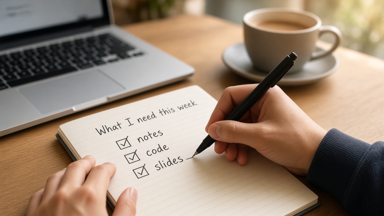 A student writing a short weekly checklist for notes, code and slides