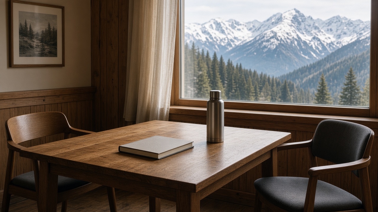 Two chairs and a closed notebook in a wooden room, with a steel flask and snow peaks beyond the window.