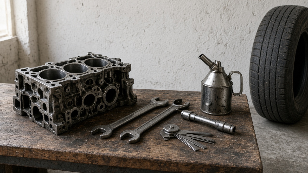 An engine block, spanners, a feeler gauge and an oil can on a workshop bench, with a tyre beside the bench.