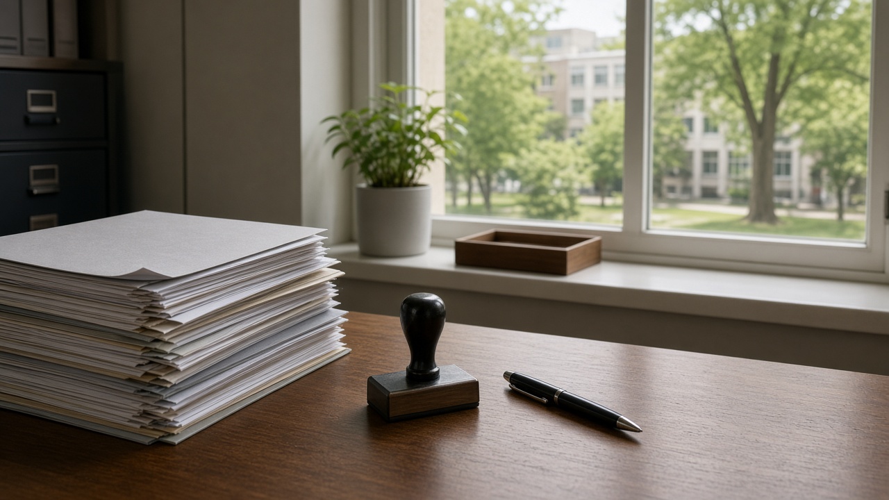 A stack of files, a rubber stamp and a pen on a wooden desk, with a campus green beyond the window.
