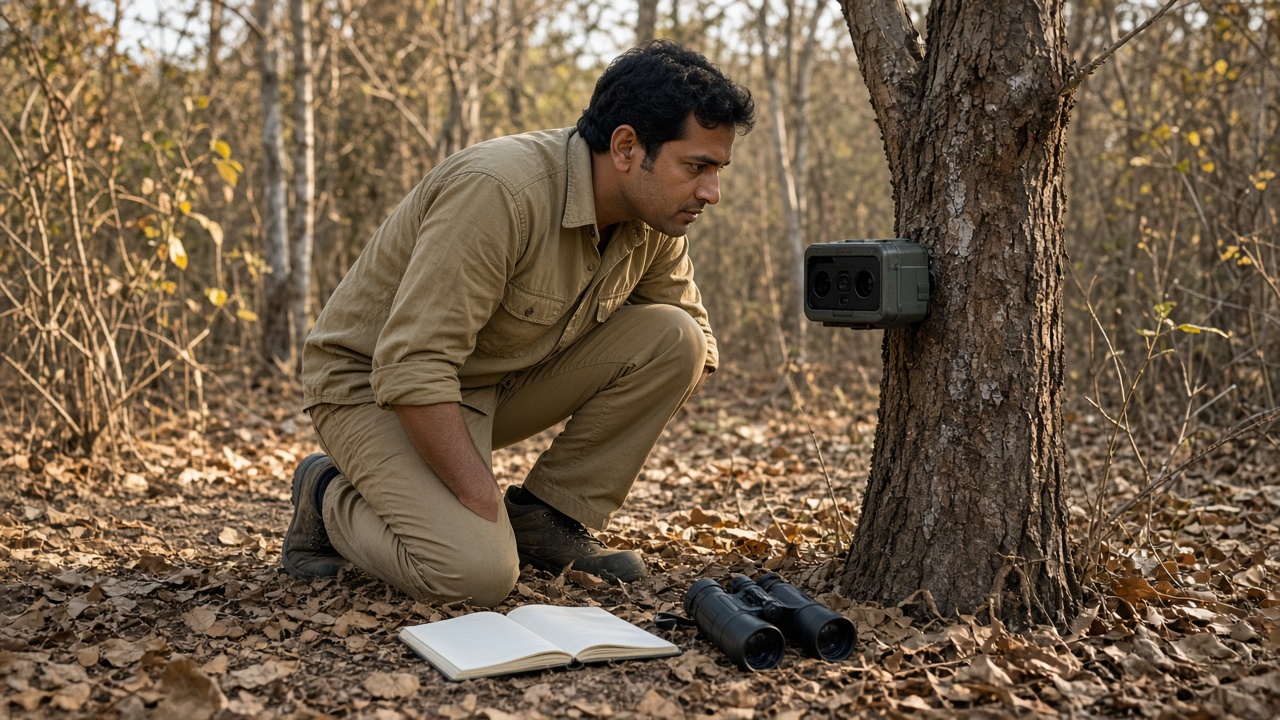 A field biologist checking a camera trap in a dry forest.