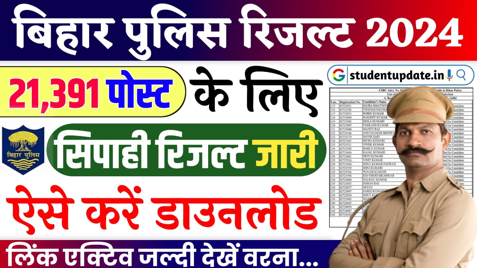 Bihar Police Constable Result 2024 : बिहार पुलिस कांस्टेबल परीक्षा 2024 का रिजल्ट हुआ जारी, यहां से करें डाउनलोड